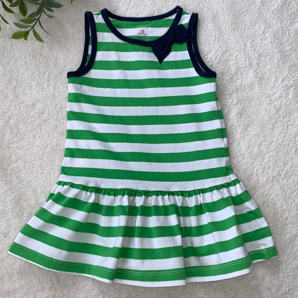 Carter’s Green & White Stripe Dress 18M Navy Bow GUC